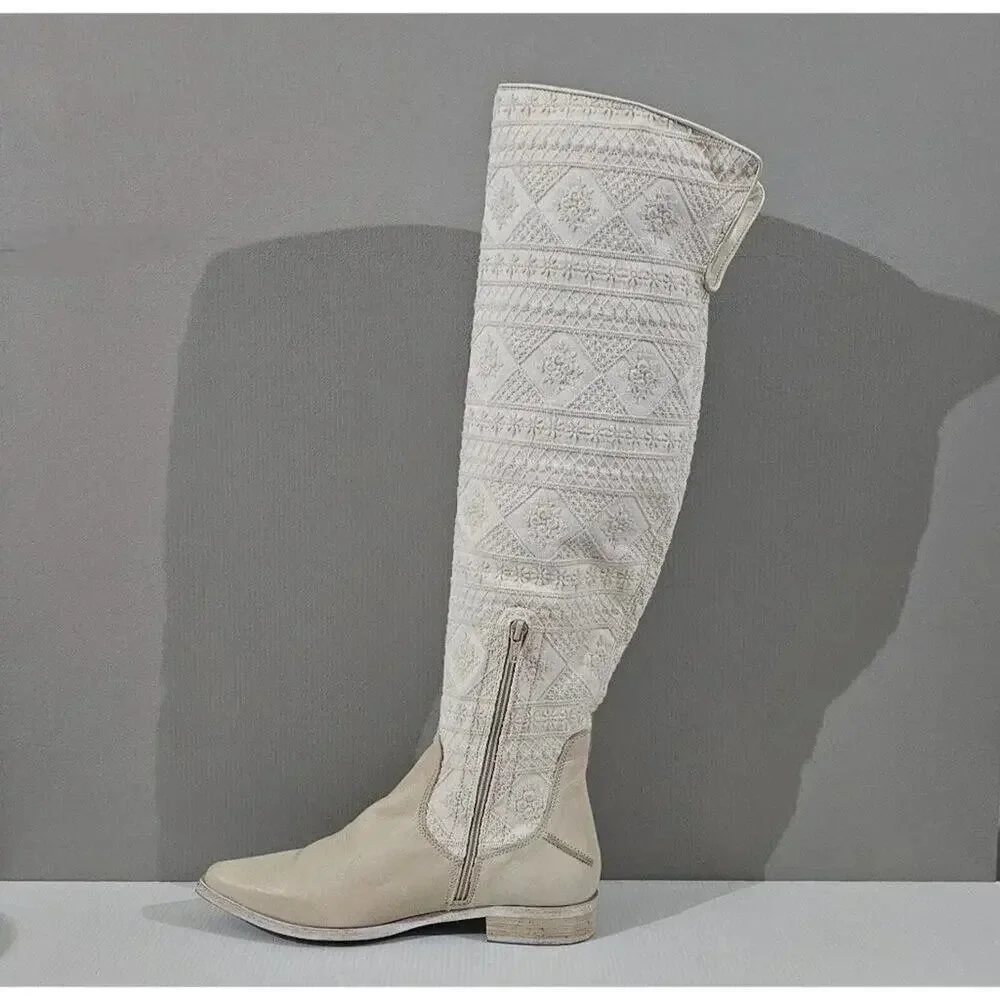 Free People Bren Knee High Boot Women EU 38.5 Cream Embroidered Boho Slouchy NEW
